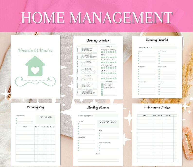 May include: A set of printable home management worksheets with a green and white color scheme. The worksheets include a cleaning schedule, cleaning checklist, cleaning log, monthly planner, and maintenance tracker.