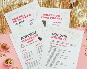 May include: A set of printable bachelorette party games with gold glitter accents. The games include "How Well Do You Know the Bride?", "What's on Your Phone?", "Bachelorette Scavenger Hunt", and "Bachelorette Drink If..."
