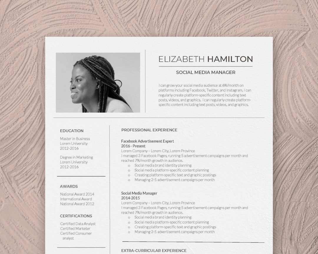 Modern Resume Template With Photo, Google Docs and Microsoft Word ...