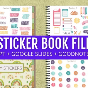 以下が含まれることがあります： PowerPoint、Google スライド、GoodNotes で使用できるステッカーブックファイル。表紙はカラフルな虹模様で、「My Stickers」というテキストが書かれています。このブックには、曜日、月、数字、その他の一般的なステッカーのセクションが含まれています。