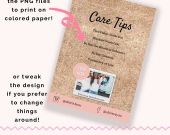 Wash Care Card template, EDITABLE instructions for tshirt sellers with social media