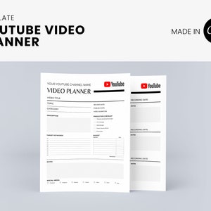 May include: A black and white printable YouTube video planner template with the text "YouTube Video Planner" and the YouTube logo. The template includes sections for video title, topic, category, recording date, target keywords, budget, and notes.