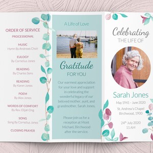May include: A tri-fold funeral order of service with a watercolour floral design. The program includes the order of service, a photo of the deceased, and the text "Celebrating the Life of Sarah Jones".