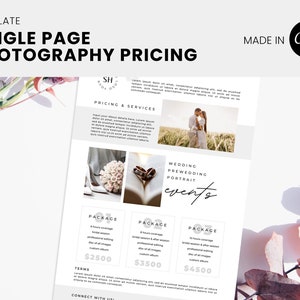 Single Page Pricing Guide, photography sell sheet, elegant, minimalist, photo price list, editable canva template for photographers