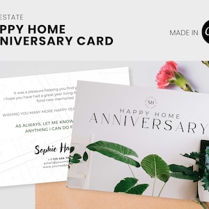 Postal de aniversario de inicio para bienes raíces, plantillas de marca de agente inmobiliario de Canva
