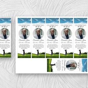 May include: A set of six bookmark templates featuring a photo of a man in a circle, a golf silhouette, and the text "Celebrating the life of Connor Jim May 1941 - June 2020". The way you lived is a testament that the gift of life is a blessing we must give to others."