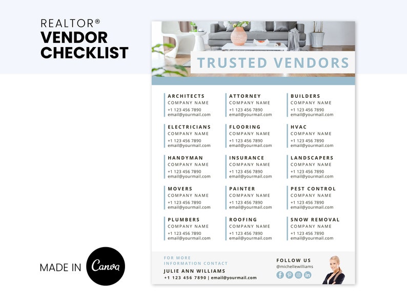 Vendor List Template, Vendors, Real Estate, Canva Marketing Template Etsy