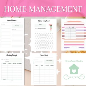 May include: A printable set of home management worksheets with a pink, green, and white color scheme. The worksheets include a menu planner, a rainy day fund tracker, a monthly budget, a chore chart, and a household binder cover.