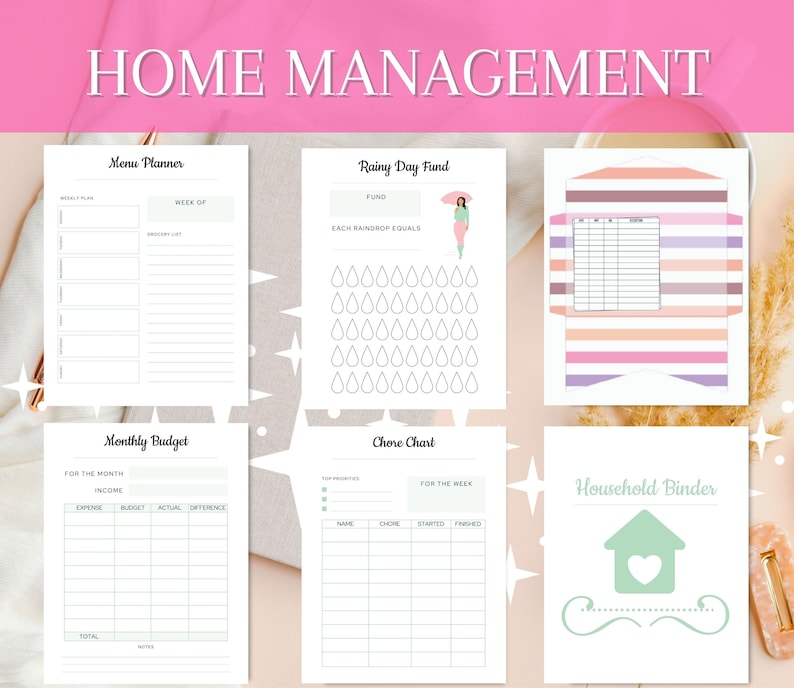 May include: A printable set of home management worksheets with a pink, green, and white color scheme. The worksheets include a menu planner, a rainy day fund tracker, a monthly budget, a chore chart, and a household binder cover.