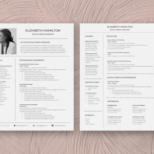 以下が含まれることがあります： 女性の顔写真が載った白黒の履歴書。履歴書には、ソーシャルメディアマネージャーの職務に就きたい候補者として、エリザベス・ハミルトン氏が記載されている。履歴書には、スキル、職務経歴、受賞歴、学歴、課外活動、資格、興味、参考文献の各セクションが含まれている。