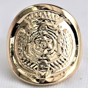Könnte beinhalten: Ein goldfarbener Metallknopf mit einem erhabenen Design mit einem Stern und Flügeln. Der Knopf hat eine glatte, glänzende Oberfläche.