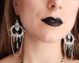 Gothic chandelier onyx earrings - romantic earrings, antique inspired, goth jewelry, vintage filigree, Equinoxart