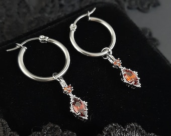 Red gem drop hoop earrings - Royal, vampire, Baroque, Gothic earrings, romantic drop earrings, equinoxart