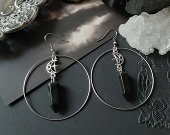 Onyx points moon hoop earrings - Boho, crystal, Witchy, stones, esoteric, celestial, alternative, nugoth, gothic, romantic,  Equinoxart