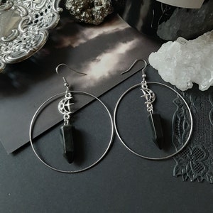 Onyx points moon hoop earrings - Boho, crystal, Witchy, stones, esoteric, celestial, alternative, nugoth, gothic, romantic,  Equinoxart