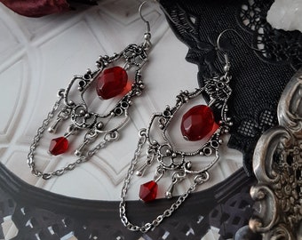 Red garnet Victorian filigree chandelier earrings -Royal, Baroque, Gothic earrings, romantic drop earrings, equinoxart