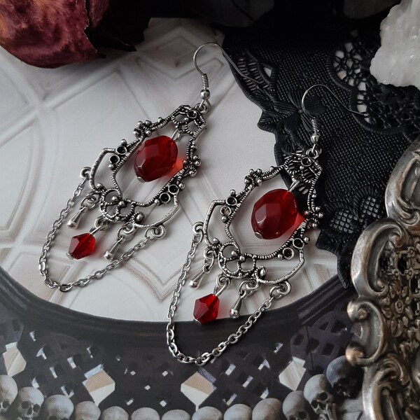 Red garnet Victorian filigree chandelier earrings -Royal, Baroque, Gothic earrings, romantic drop earrings, equinoxart