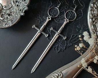 Long silver sword earrings - Witchy, warior, pagan, viking, alternative, goth, celtic, gothic, medieval, Equinoxart