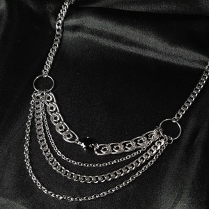 Layered Stainless Steel Chain Necklace: Gothic Black Crystal Gem