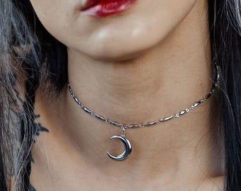 Moon gazer Stainless Steel Crescent Moon Necklace: Witchy Goth Pendant