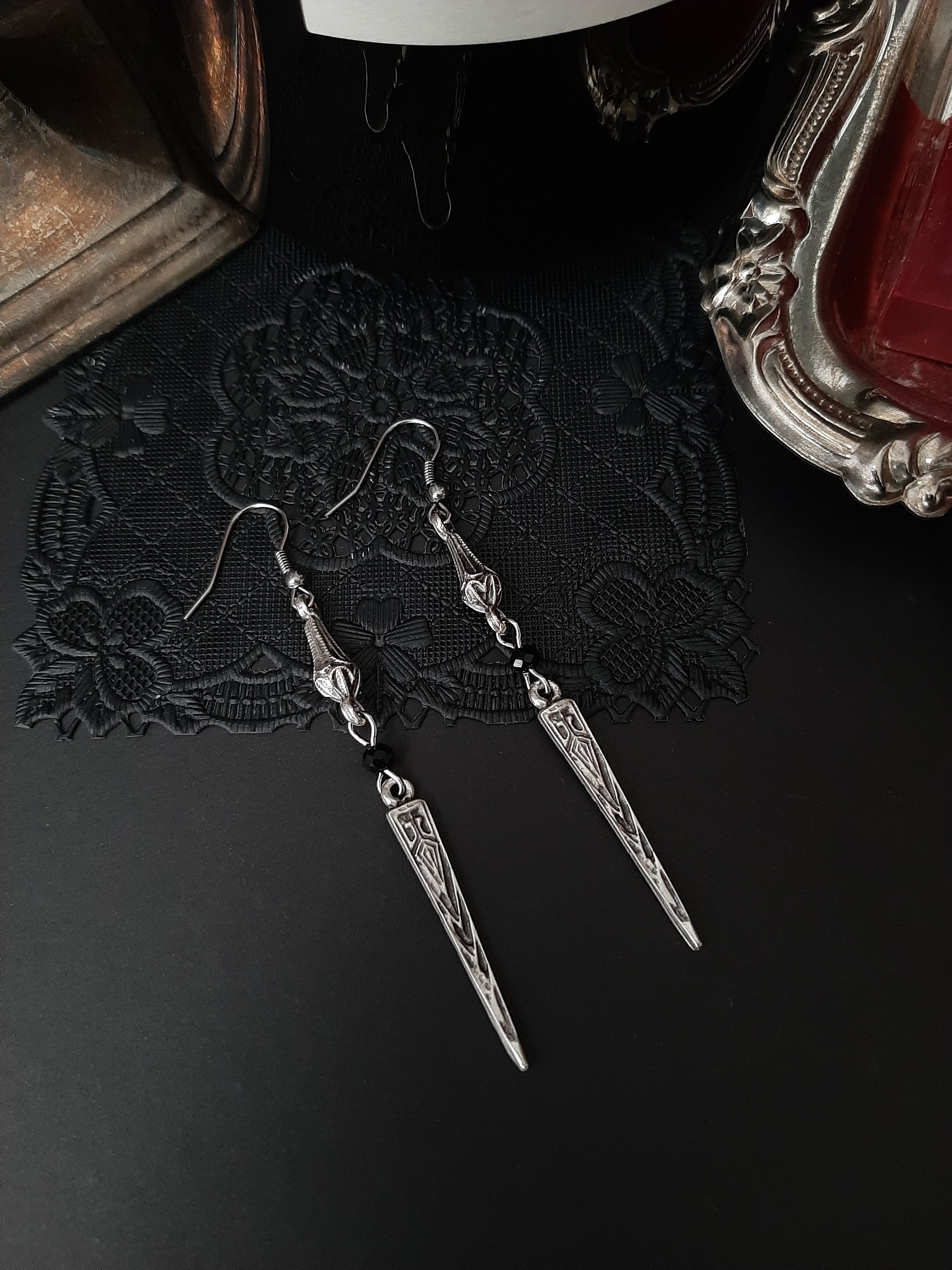 Gothic Spike Dangle Earrings: Black Crystal, architectural design