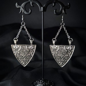 Shield medieval floral filigree earrings, fantasy earrings, weapon jewelry