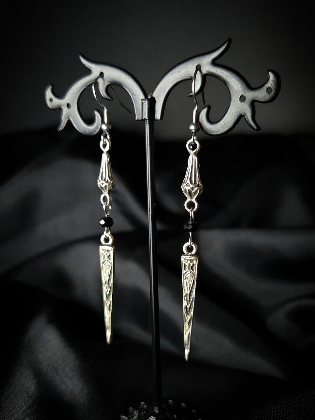 Coven Gothic Spike Dangle Earrings: Black Crystal, architectural design