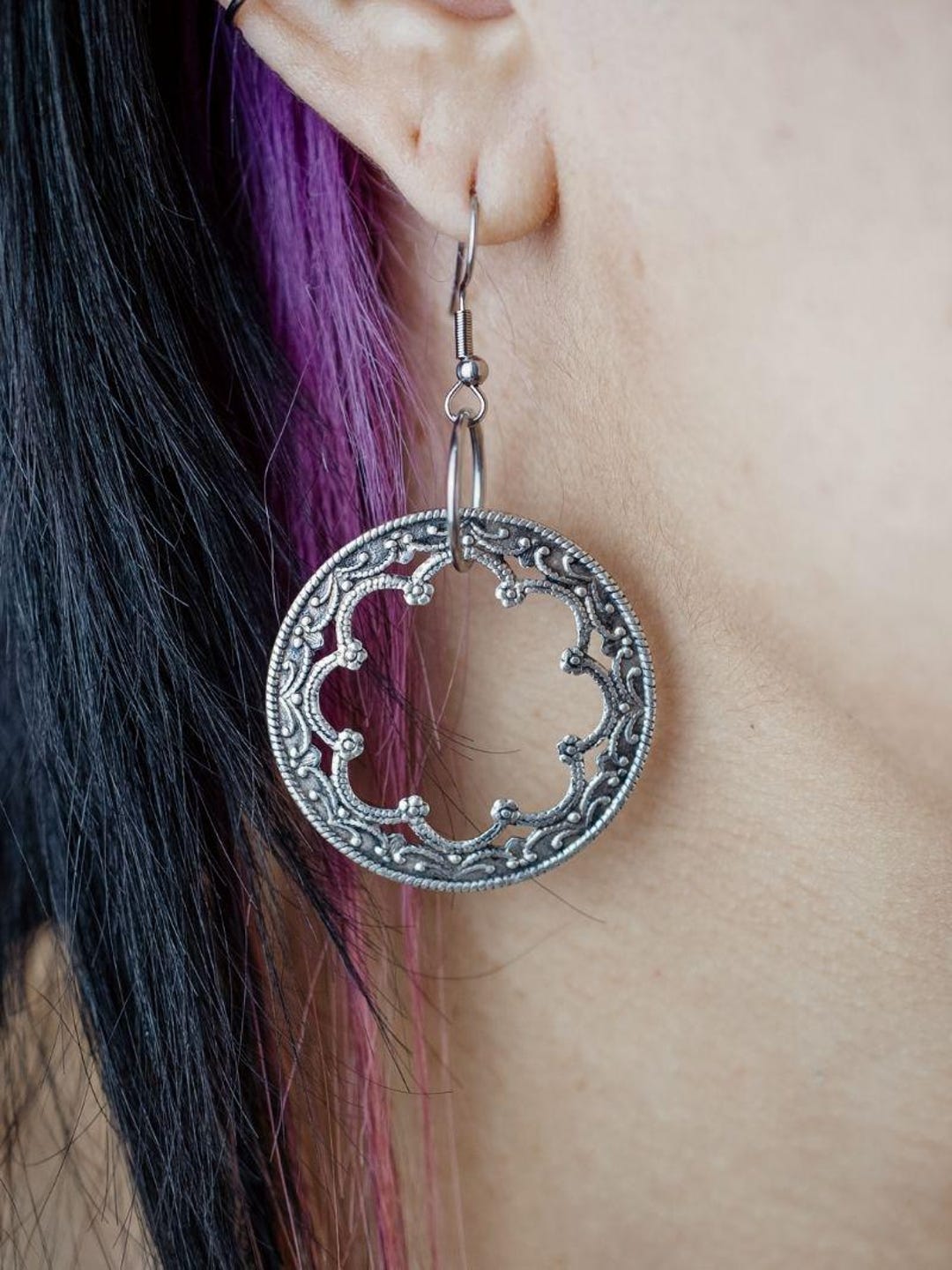 Hildegard medieval hoop rose window earrings, Gothic architecture earrings, antique filigree