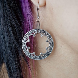 Hildegard medieval hoop rose window earrings, Gothic architecture earrings, antique filigree