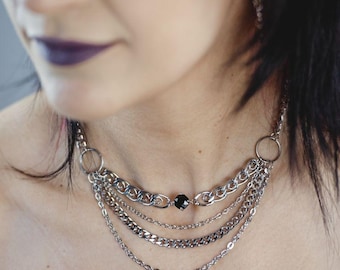 Hypnosis Layered Stainless Steel Chain Necklace: Gothic Black Crystal Gem