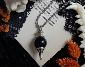 silver Pendulum black crystal necklace - Divination, seance, Witch jewelry, gothic, occult, Equinoxart