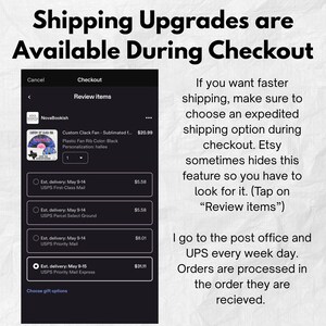 K&ouml;nnte beinhalten: Ein digitaler Screenshot einer Etsy-Kassenseite, die einen individuellen F&auml;cher, Versandoptionen wie USPS First-Class, Parcel Select, Priority und Priority Mail Express sowie Textanweisungen zur Auswahl des Expressversands anzeigt.