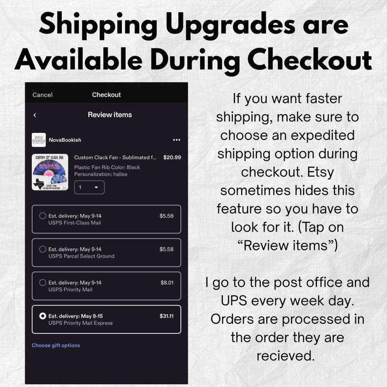 K&ouml;nnte beinhalten: Ein digitaler Screenshot einer Etsy-Kassenseite, die einen individuellen F&auml;cher, Versandoptionen wie USPS First-Class, Parcel Select, Priority und Priority Mail Express sowie Textanweisungen zur Auswahl des Expressversands anzeigt.