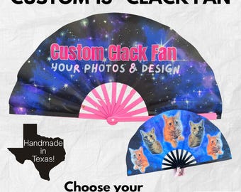 May include: A 13-inch clack fan featuring a dark blue galaxy print with pink text reading Custom Clack Fan YOUR PHOTOS & DESIGN. A smaller fan displays four orange tabby cats against a blue galaxy background with black ribs.
