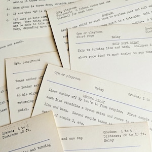 Conjunto vintage de 10 cartões de índice digitados | Jogos escolares e atividades de ginástica | Perfeito para diários de lixo, scrapbooking, coleções de itens vintage