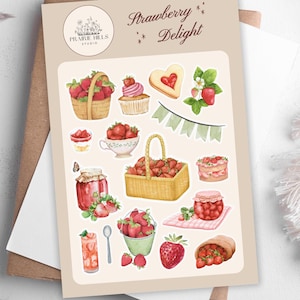 Strawberry Delight Sticker Sheet – Strawberry Picnic Themed Planner Stickers, Journal Stickers, Scrapbook Stickers, Kiss Cut Matte Stickers