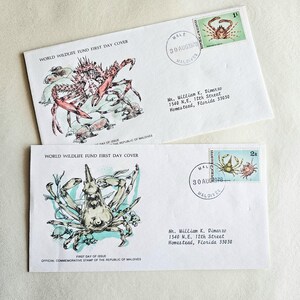 Set van 2 - geïllustreerde krabenveloppen Wereld Natuur Fonds First Day Cover Efemere, jaren 1970 verzamelbare enveloppen, vintage postzegels