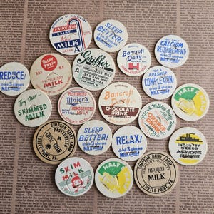 Vintage melkflesdop treklipjes set van 20, retro voedseletiketten, vintage voedsel, kortstondige vintage etenswaren, retro voedselillustratie, knutselen, toevoer van gemengde media