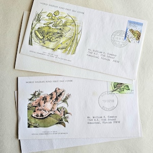 Set di 2 - Buste illustrate a forma di rana, buste del primo giorno del World Wildlife Fund, effimeri, buste da collezione degli anni '70, francobolli d'epoca