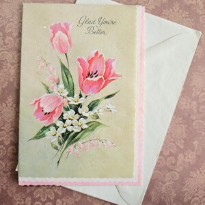 Vintage Glad You&#39;re Better Pink Floral Bouquet Greeting Card and Envelope, UNUSED Blank Vintage Greeting Card, Vintage Floral Card Ephemera