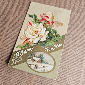 Postal antigua de feliz año nuevo, material para diarios basura navideños, postales navideñas, postales coleccionables, efímeras de papel antiguas