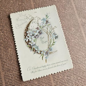 Carte de Noël lune d'hiver et fleurs découpées antiques, éphémères en papier de Noël, cartes postales de vacances, cartes postales à collectionner, Noël rétro