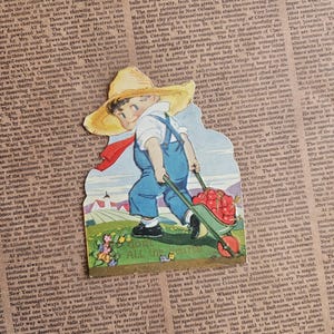 Vintage Die-Cut Valentine Card: Boy with Apples & Hearts, Retro Ephemera