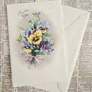 Carte de voeux et enveloppe de bouquet floral Pensées de vous vintage, carte de voeux vierge vintage inutilisée, éphémères de carte florale vintage