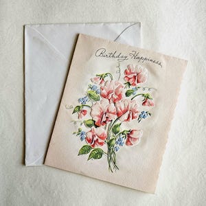 Cartão de felicitações de aniversário vintage (sem uso) Cartão de felicitações floral retrô, cartão de aniversário dos anos 1960, itens efêmeros de papel vintage, diário de lixo
