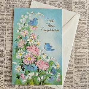 Tarjeta de felicitación vintage con pájaros y flores y sobre, tarjeta de felicitación vintage en blanco SIN USAR, tarjeta vintage efímera