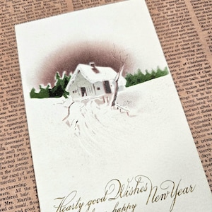 Cartão postal antigo de desejos calorosos de ano novo com cena de inverno, cartões postais antigos colecionáveis, cartão postal retrô, itens efêmeros de papel vintage
