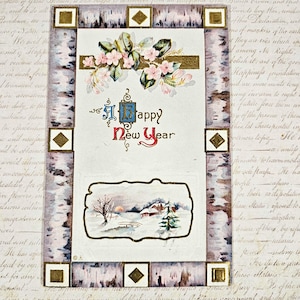 Postal antigua con motivos florales y feliz año nuevo con escena invernal, postales antiguas coleccionables, postales retro, efímeras de papel vintage