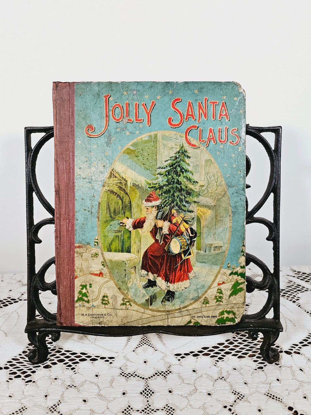 Antique Christmas Book Cover, Jolly Santa Claus, Children's Christmas