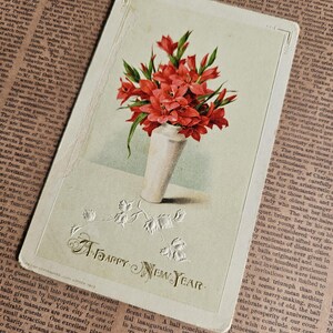 Cartão postal antigo de buquê de flores de feliz ano novo, cartão de registro de Natal, cartões postais de feriado, cartões postais colecionáveis, itens efêmeros de papel vintage